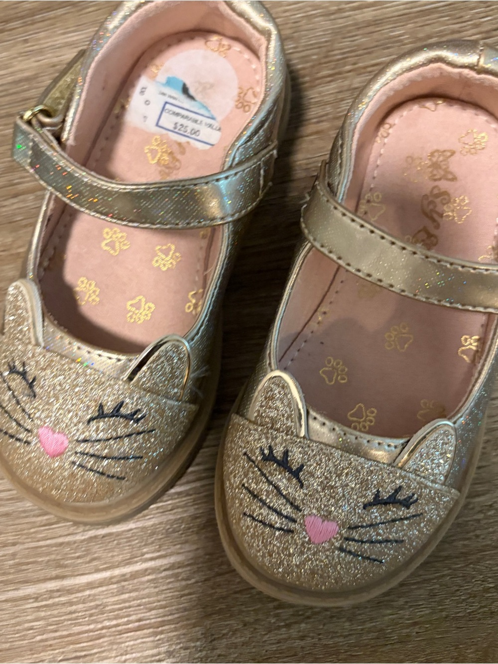 Girls' Gold Glitter Cat Mary Jane Shoes with Pink Accent